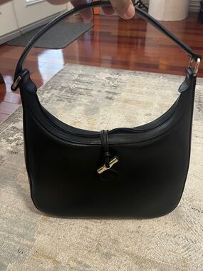 Longchamp Black Leather Shoulder Bag with Silver Tone Accent